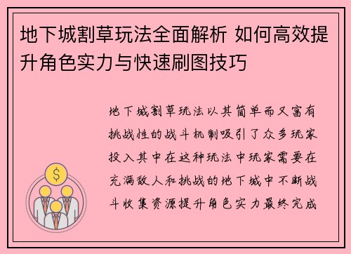 地下城割草玩法全面解析 如何高效提升角色实力与快速刷图技巧